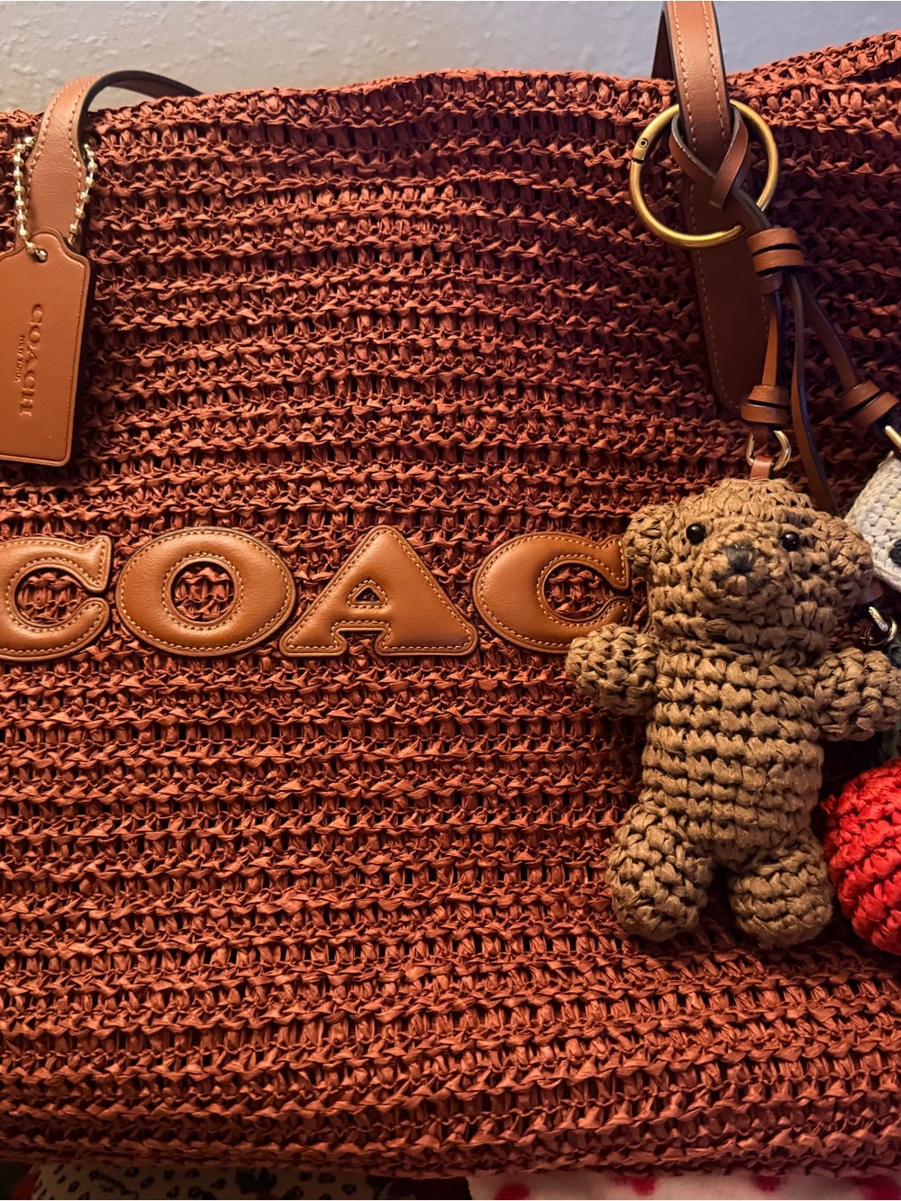 Coach large Tan Brown Crochet Bear Bag Charm